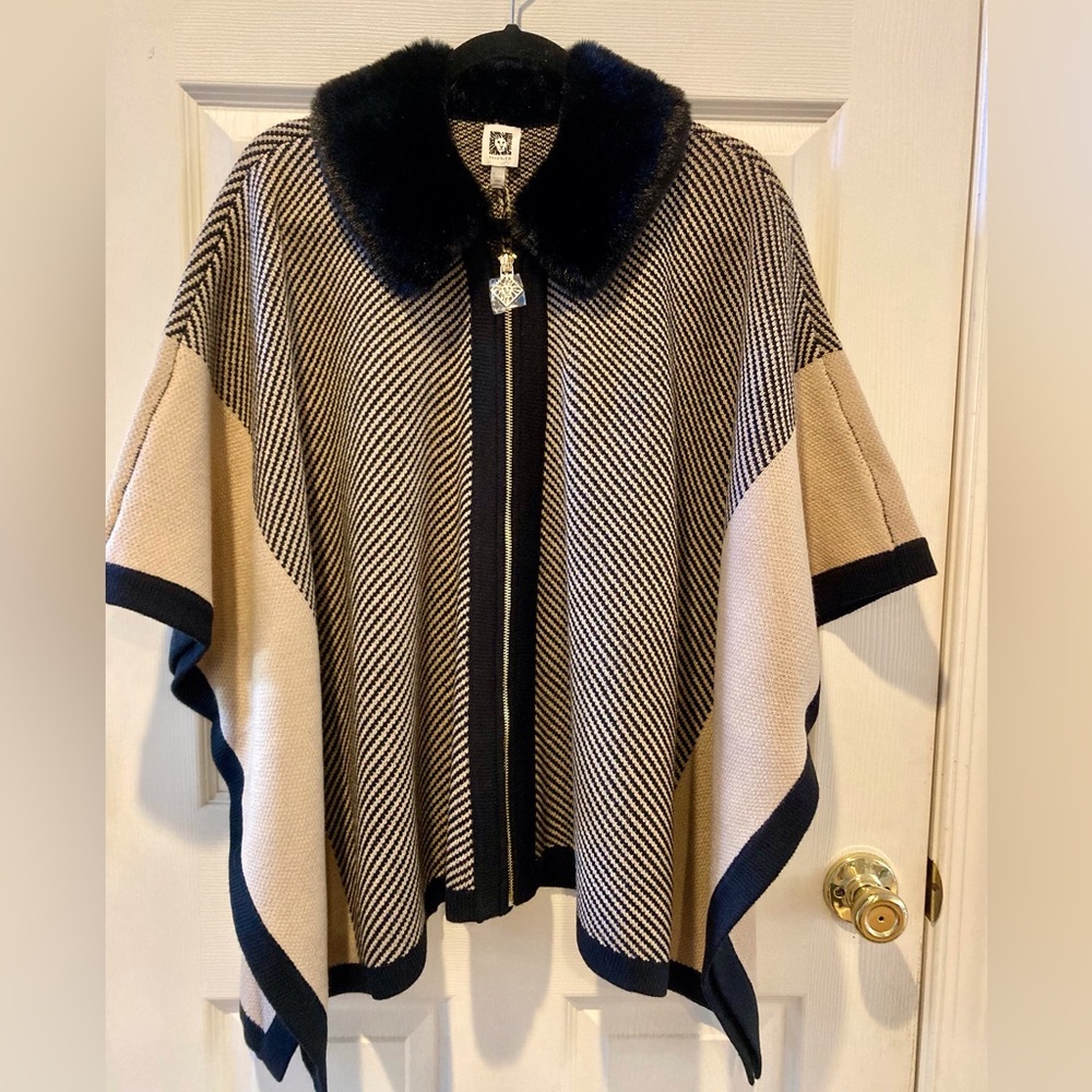 Anne Klein NWT Old Money Black Tan Faux Fur Swing Cape Timeless Elegance SZ L-XL